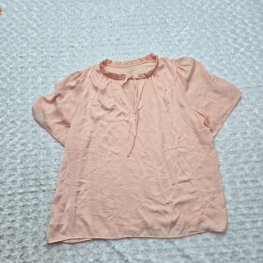 LOFT Outlet Blouse Womens XL Pink Short Sleeve Ruffle Collarless